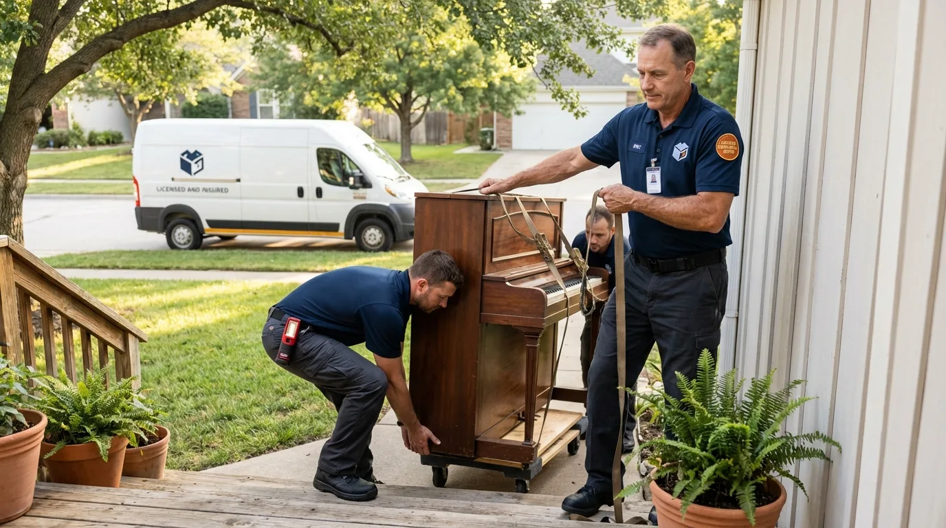 Licensed piano movers securing grand piano in Fort Leonard Wood, MO