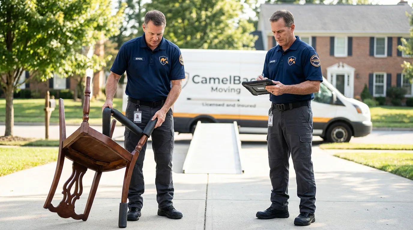 Movers inspecting furniture for damage prevention before loading in Fort Leonard Wood, MO