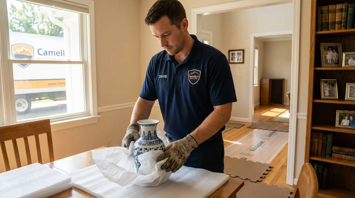Professional crew carefully wrapping antique vase for senior downsizing move in Fort Leonard Wood, MO
